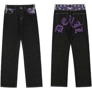 NEW MEN'S XL Hip Hop Denim Baggy BLACK Jeans Purple Accents Loose Fit Wide Leg